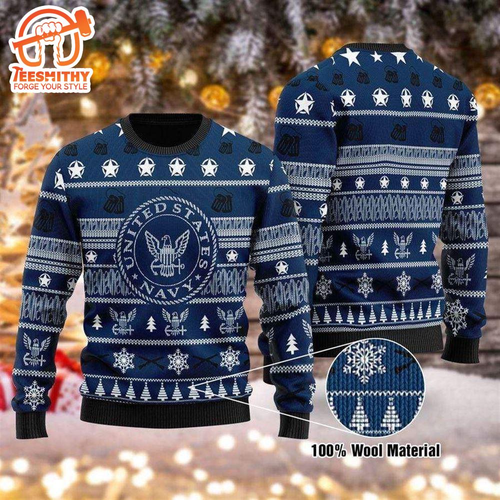 Unifinz Veteran Sweater United States Navy Stars Christmas Pattern Blue Ugly Sweater  – Veteran Sweater