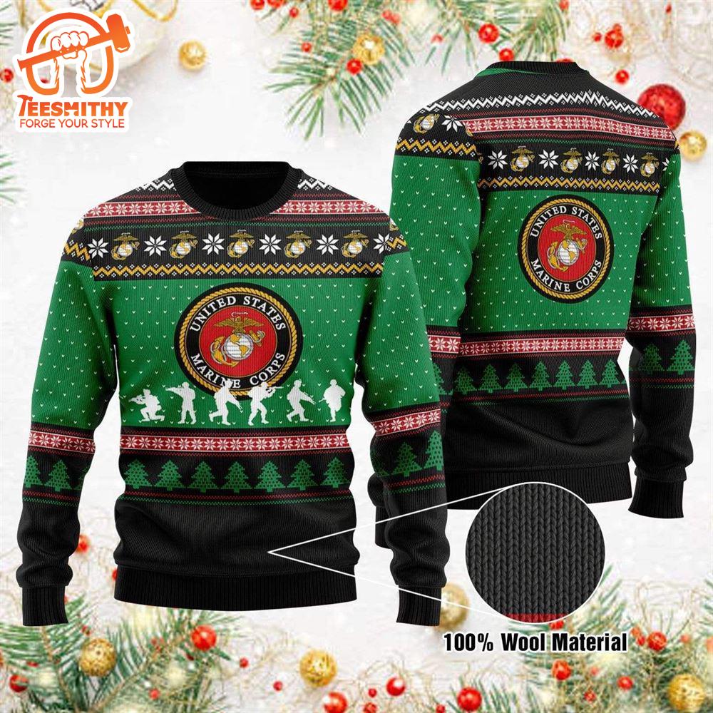 Unifinz Veteran Sweater Us Marine Corps Seal Green Black Christmas Pattern Veteran Ugly Sweater  – Veteran Sweater