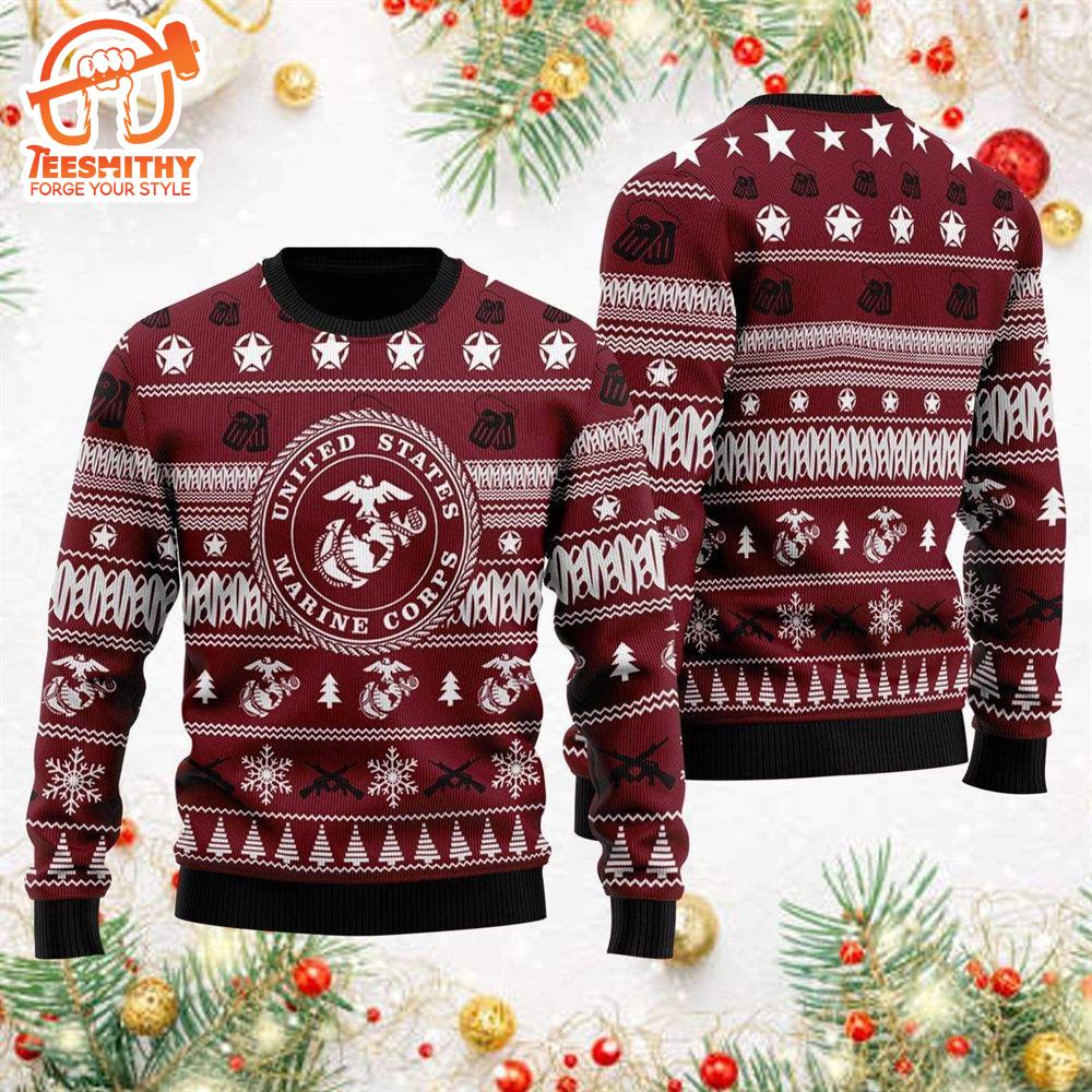 Unifinz Veteran Sweater Us Marine Corps Seal Stars Christmas Pattern Veteran Ugly Sweater  – Veteran Sweater