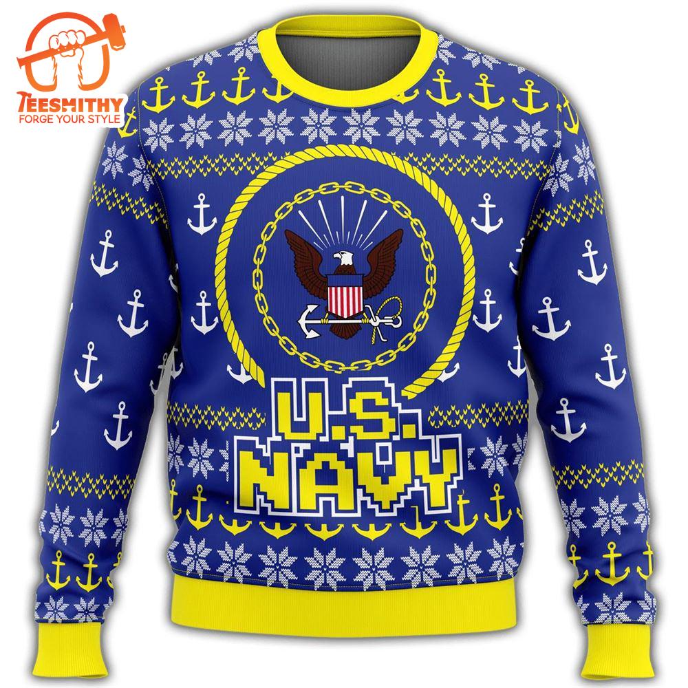 Unifinz Veteran Sweater Us Navy Anchor Pattern Blue Yellow Veteran Christmas Ugly Sweater  – Veteran Sweater