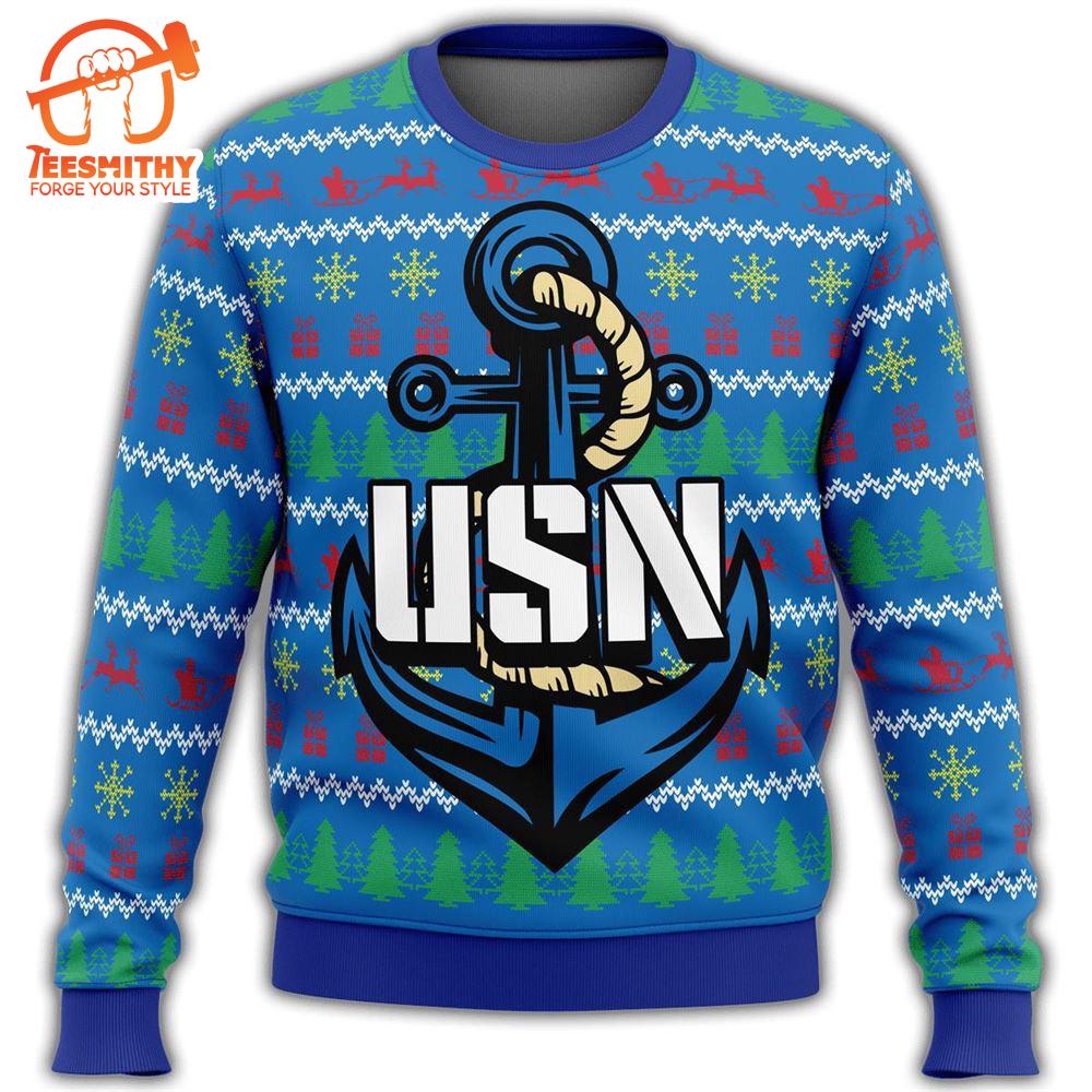 Unifinz Veteran Sweater Us Navy Anchor Veteran Christmas Pattern Blue Ugly Sweater  – Veteran Sweater