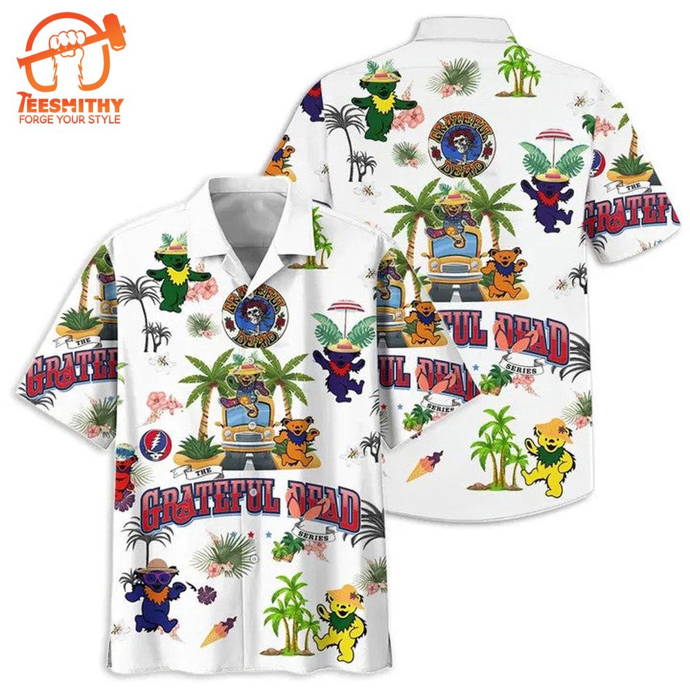 White Grateful Dead Hawaiian Shirt with Bears and Bus